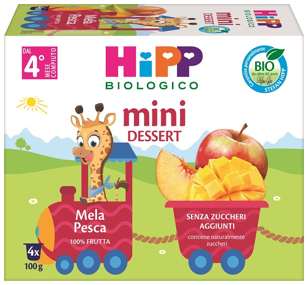 HIPP BIO MINI DESSERT MELA PESCA 4 VASETTI X 100 G SENZA ZUCCHERI AGGIUNTI E SENZA GLUTINE - Fontenova srl