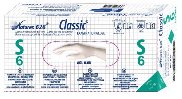 GUANTO IN LATTICE MONOUSO NON STERILE CON POLVERE NATUREX 626 CLASSIC MISURA SMALL 100 PEZZI - Fontenova srl