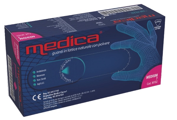 GUANTO IN LATTICE CON POLVERE LUBRIFICANTE MEDICA S 100 PEZZI - Fontenova srl