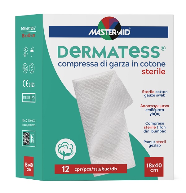 GARZA COMPRESSA MASTER-AID DERMATESS COTONE 18X40CM 12 PEZZI - Fontenova srl