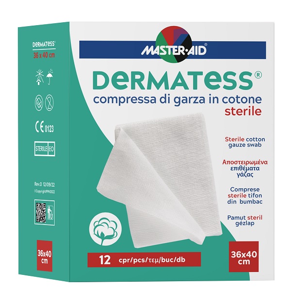 GARZA COMPRESSA MASTER-AID DERMATESS COTONE 36X40CM 12 PEZZI - Fontenova srl