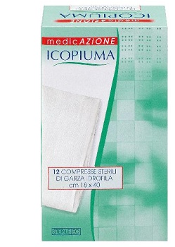 ICOPIUMA GARZA COMPRESSA IDROFILA IN COTONE PIEGATA STERILE SENZA FILO DI BARIO TITOLO 12/8 MISURA 18X40 CM IN BUSTA SINGOLA 12 PEZZI - Fontenova srl
