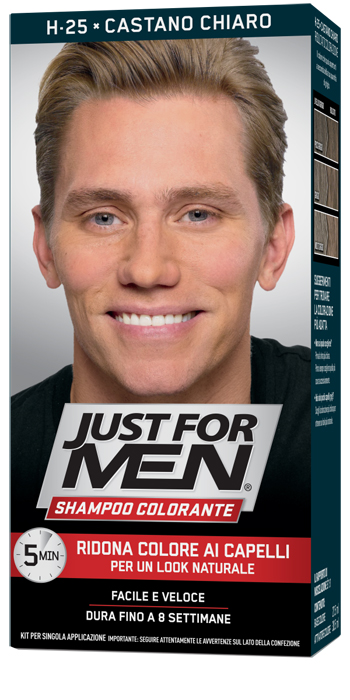 JUST FOR MEN SHAMPOO COLORANTE H25 CASTANO CHIARO ATTIVATORE CHIARO 38,5 ML + BASE COLORE 27,5 ML - Fontenova srl