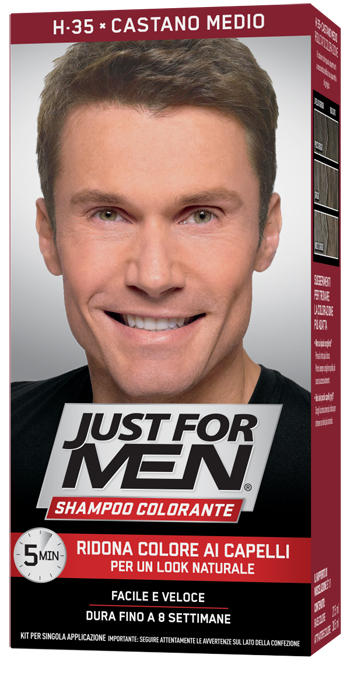JUST FOR MEN SHAMPOO COLORANTE H35 CASTANO MEDIO ATTIVATORE CHIARO 38,5 ML + BASE COLORE 27,5 ML - Fontenova srl