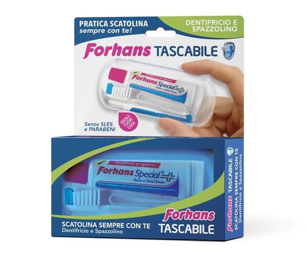 FORHANS TRAVEL KIT TASCABILE COMPOSTO DA SPAZZOLINO DA VIAGGIO + FORHANS SPECIAL PASTA DENTIFRICIA TUBETTO 12,5 ML - Fontenova srl