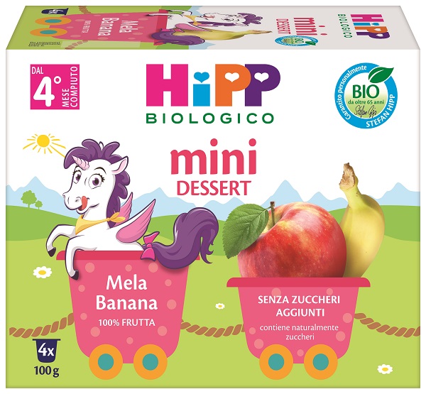 HIPP BIO MINI DESSERT MELA/BANANA 4 VASETTI X 100 G SENZA ZUCCHERI AGGIUNTI E SENZA GLUTINE - Fontenova srl