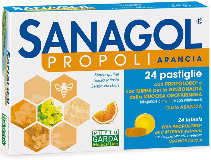 SANAGOL PROPOLI SENZA ZUCCHERO ARANCIA 24 CARAMELLE - Fontenova srl