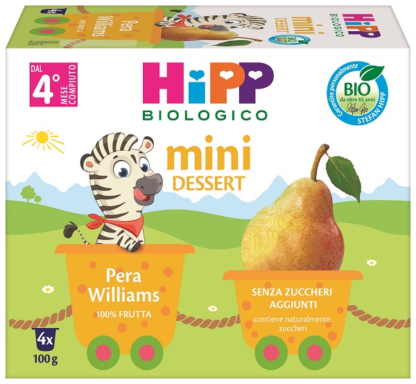 HIPP BIO MINI DESSERT PERA WILLIAMS 4 VASETTI X 100 G SENZA ZUCCHERI AGGIUNTI E SENZA GLUTINE - Fontenova srl