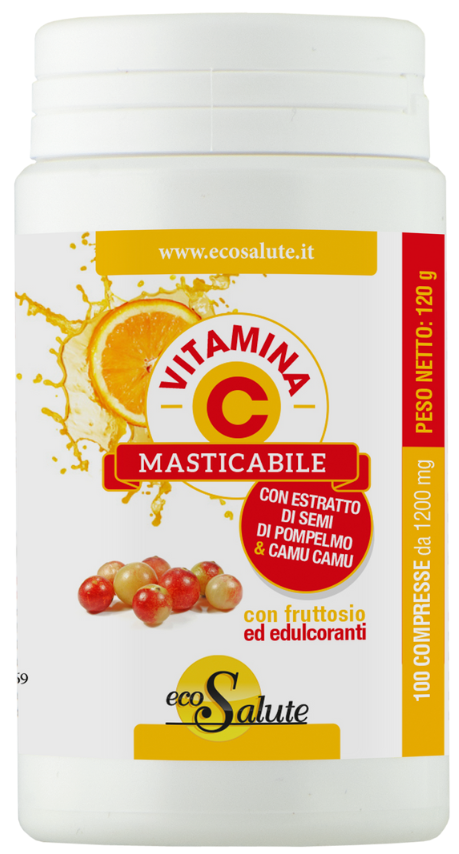 VITAMINA C MASTICABILE CON ESTRATTO DI SEMI DI POMPELMO + CAMU CAMU 100 COMPRESSE BARATTOLO 120 G - Fontenova srl