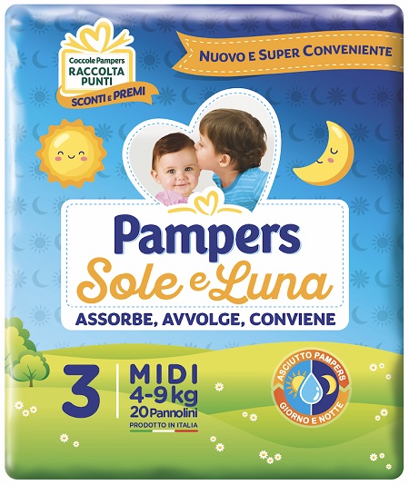 PANNOLINO PER BAMBINO PAMPERS SOLE & LUNA MIDI 20 PEZZI - Fontenova srl