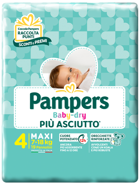 PANNOLINI PER BAMBINI PAMPERS BABY DRY DOWNCOUNT NO FLASH MAXI 19 PEZZI - Fontenova srl