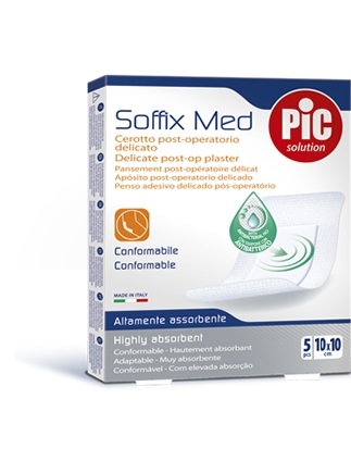 CEROTTO PIC SOFFIX MED IN TNT CON TAMPONE CENTRALE ASSORBENTE STERILE MONOUSO 10X10 CM ANTIBATTERICO 5 PEZZI - Fontenova srl