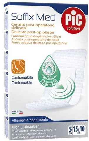 CEROTTO PIC SOFFIX MED IN TNT CON TAMPONE CENTRALE ASSORBENTE STERILE MONOUSO 10X15 CM ANTIBATTERICO 5 PEZZI - Fontenova srl