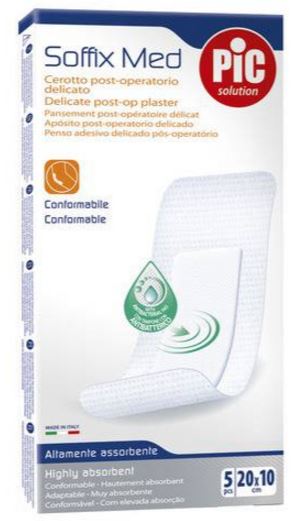 CEROTTO PIC SOFFIX MED IN TNT CON TAMPONE CENTRALE ASSORBENTE STERILE MONOUSO 10X20 CM ANTIBATTERICO 5 PEZZI - Fontenova srl