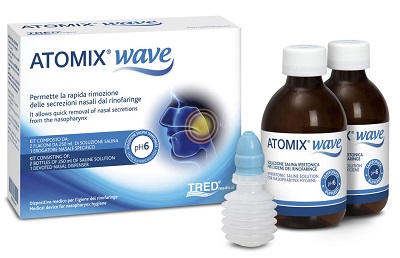 ATOMIX WAVE DISPOSITIVO PER IGIENE RINOFARINGEA ATOMIX SOLUZIONE SALINA 250 ML 2 PEZZI + TERMINALE NASALE + EROGATORE A SOFFIETTO - Fontenova srl
