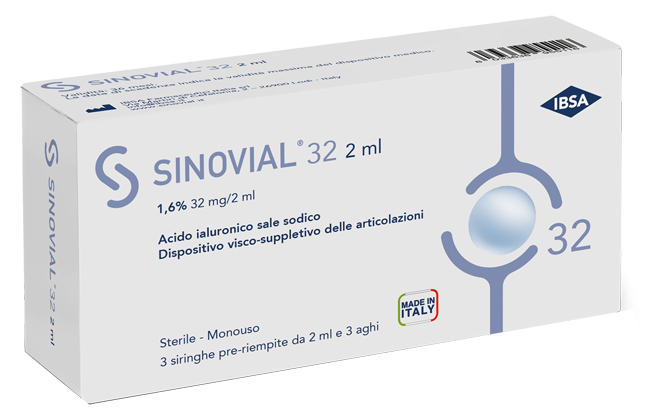 SIRINGA INTRA-ARTICOLARE SINOVIAL 32 ACIDO IALURONICO SALE SODICO 1,6% 32MG/2ML 3 SIRINGHE X 2ML + 3 AGHI - Fontenova srl