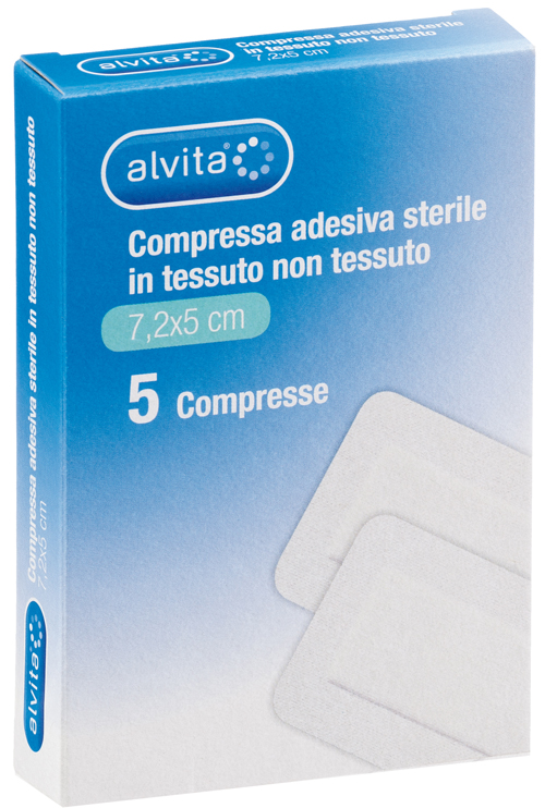 ALVITA GARZA COMPRESSA AUTOADESIVA IN TNT 7,2X5CM 5 PEZZI - Fontenova srl