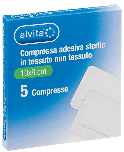 ALVITA GARZA COMPRESSA AUTOADESIVA IN TNT 10X8CM 5 PEZZI - Fontenova srl