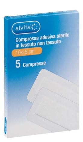 ALVITA GARZA COMPRESSA ADESIVA STERILE IN TESSUTO NON TESSUTO ESTENSIBILE BIANCO 10X15CM 5 PEZZI - Fontenova srl