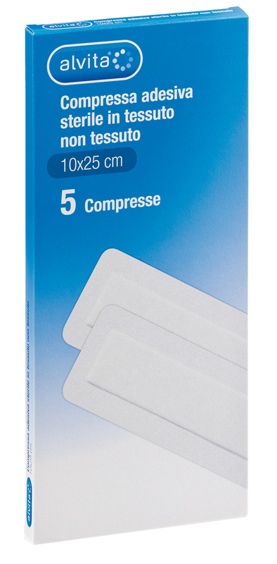 ALVITA GARZA COMPRESSA AUTOADESIVA IN TNT 10X25CM 5 PEZZI - Fontenova srl