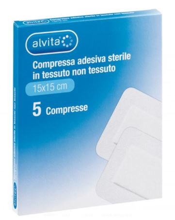 ALVITA GARZA COMPRESSA ADESIVA STERILE IN TESSUTO NON TESSUTO ESTENSIBILE BIANCO 15X15CM 5 PEZZI - Fontenova srl