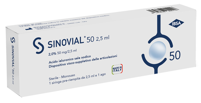 SIRINGA INTRA-ARTICOLARE SINOVIAL 50 ACIDO IALURONICO SALE SODICO 2% 50MG/2,5ML 2,5ML + AGO 21 GAUGE - Fontenova srl