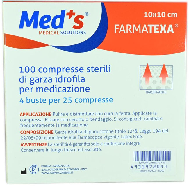 GARZA COMPRESSA IDROFILA MEDS FARMATEXA 2/8 10X10CM 100 PEZZI - Fontenova srl