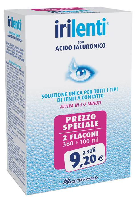 SOLUZIONE UNICA PER LENTI A CONTATTO IRILENTI CON ACIDO IALURONICO 2 FLACONI DA 360 ML + 100 ML - Fontenova srl
