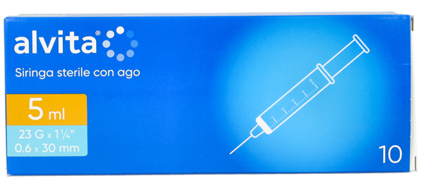 SIRINGA PER INFUSIONE E IRRIGAZIONE ALVITA 5 ML CON AGO 23 GAUGE 1 1/4 0,6X30 MM 10 PEZZI - Fontenova srl