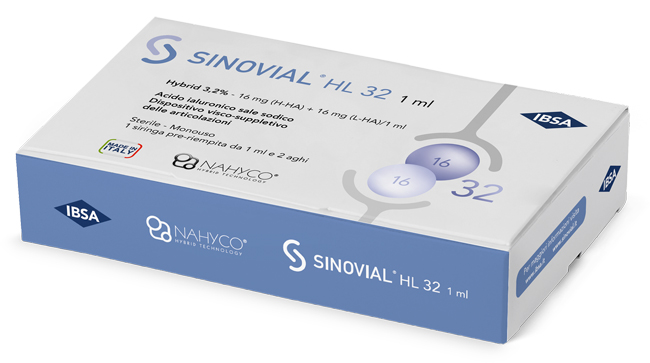 SIRINGA INTRA-ARTICOLARE SINOVIAL HL 32 ACIDO IALURONICO SALE SODICO 16MG H-HA + 16MG H-LA/1ML + AGO 22 GAUGE + AGO 29 GAUGE - Fontenova srl