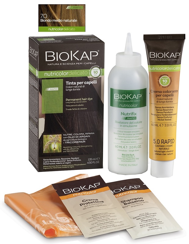 BIOS LINE  BIOKAP NUTRICOLOR DELICATO RAPID TINTA 7,0 BIONDO MEDIO NATURALE 135 ML - Fontenova srl