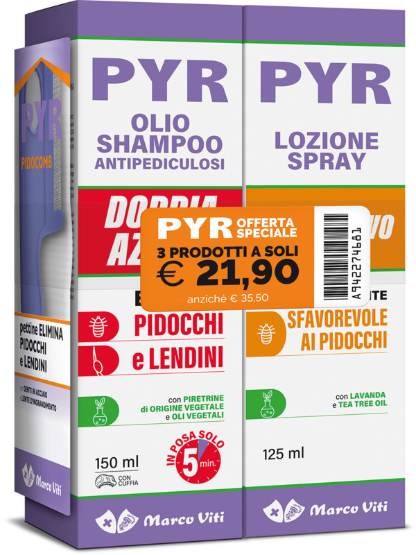 PYR ABB OLIO SHAMPOO ANTIPEDICULOSI + 1 OLIO SHAMPOO DOPPIA AZIONE + 1 LOZIONE SPRAY + 1 PETTINE LENDINI - Fontenova srl