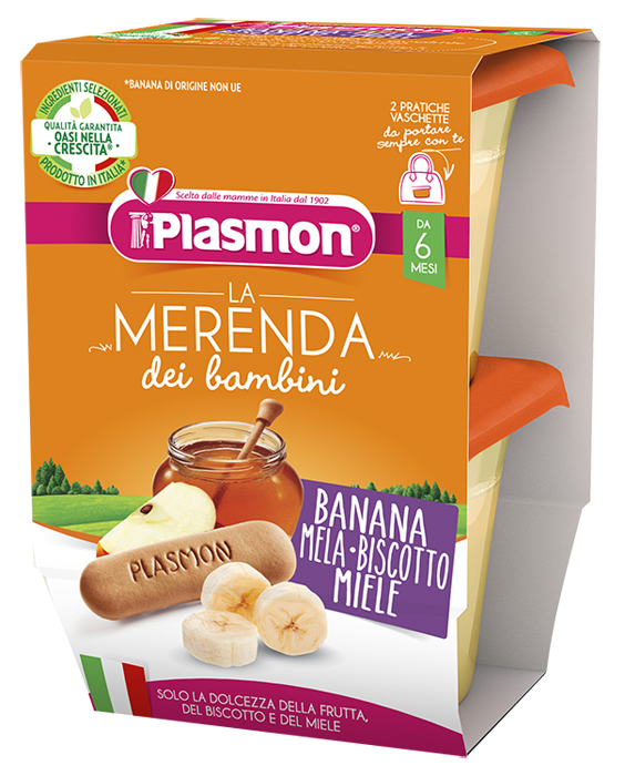 PLASMON LA MERENDA DEI BAMBINI MERENDE BANANA MELA BISCOTTO MIELE ASETTICO 2 X 120 G - Fontenova srl