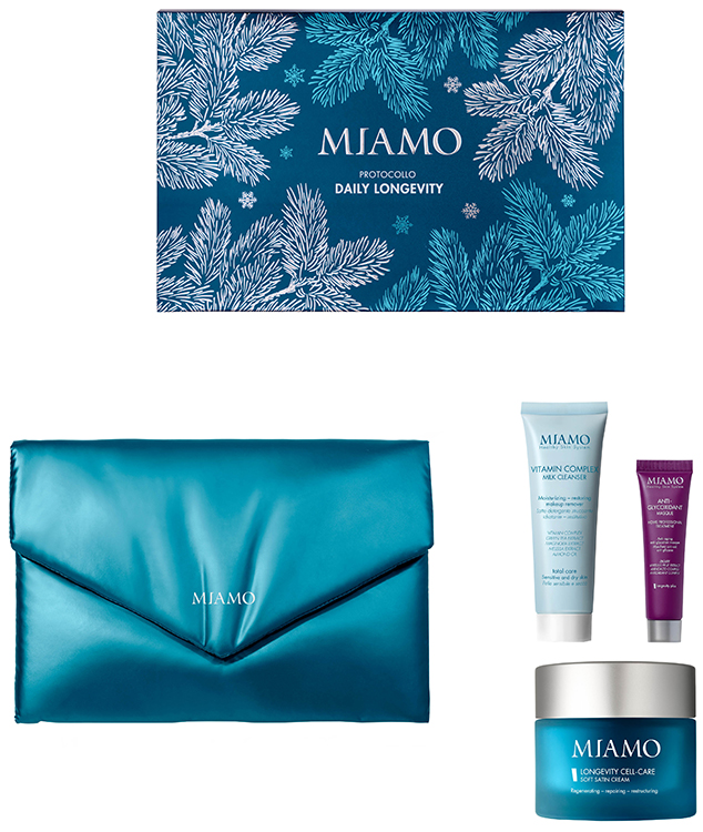 MIAMO 2025 COFANETTO XMAS DAILY LONGEVITY CELL CARE SOFT SATIN CREAM 50 ML + VITAMIN COMPLEX MILK CLEANSER 50 ML + ANTI GLYCOXIDANT MASQYE 10 ML - Fontenova srl