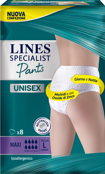 LINES SPECIALIST PANTS MAXI L X 8 PANNOLONE MUTANDINA INDOSSABILE COME NORMALE BIANCHERIA TIPO PULL-ON - Fontenova srl