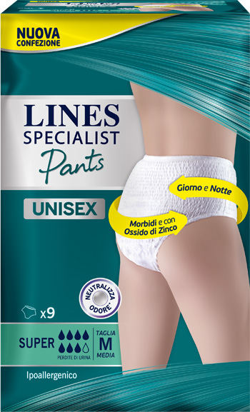 LINES SPECIALIST PANTS SUPER M X 9 PANNOLONE MUTANDINA INDOSSABILE COME NORMALE BIANCHERIA TIPO PULL-ON - Fontenova srl