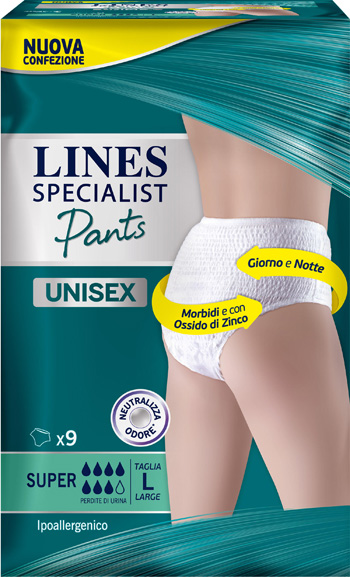 LINES SPECIALIST PANTS SUPER L X 9 PANNOLONE MUTANDINA INDOSSABILE COME NORMALE BIANCHERIA TIPO PULL-ON - Fontenova srl
