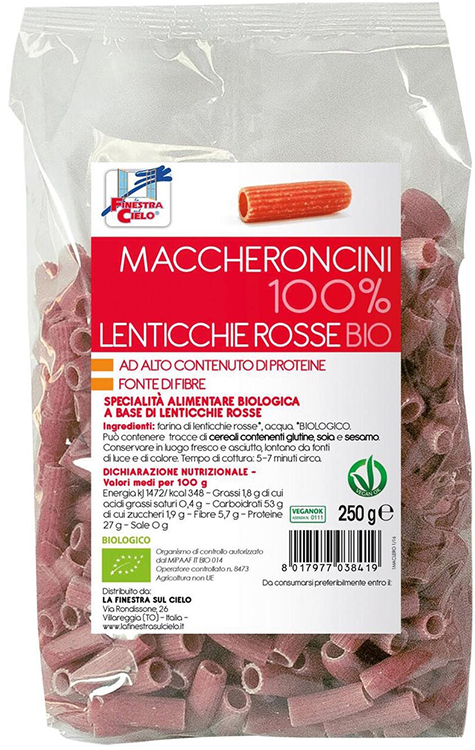 LA FINESTRA SUL CIELO MACCHERONCINI LENTICCHE ROSSE BIO 250 G - Fontenova srl