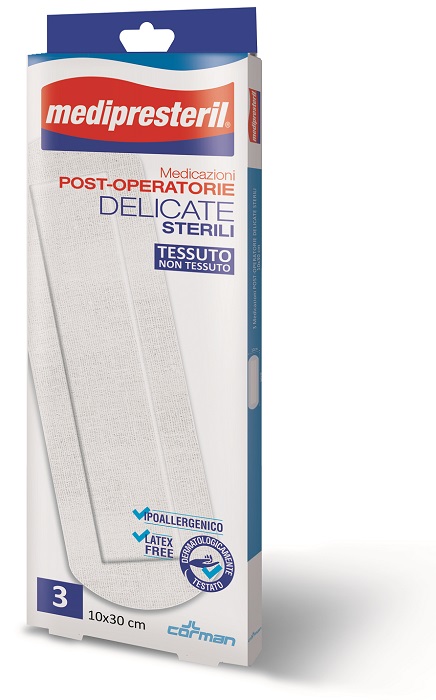 MEDICAZIONE POST OPERATORIA MEDIPRESETERIL DELICATA TNT 10X30CM 3 PEZZI - Fontenova srl