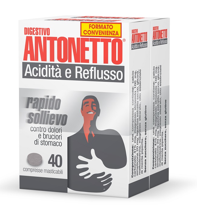 DIGESTIVO ANTONETTO ACIDITA' E REFLUSSO 80 COMPRESSE MASTICABILI 2 ASTUCCI DA 40 COMPRESSE - Fontenova srl