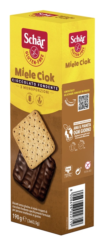 SCHAR MIELE CIOK BISCOTTI AL MIELE RICOPERTI DI CIOCCOLATO FONDENTE 3 PORZIONI DA 63,5 G - Fontenova srl