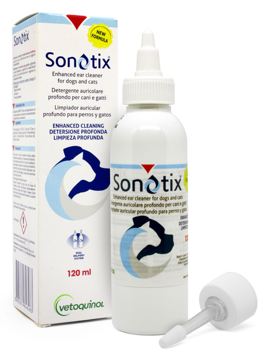 SONOTIX DETERGENTE AURICOLARE PROFONDO CANI E GATTI 120 ML + CANNULA CORTA RIGIDA + CANNULA LUNGA FLESSIBILE - Fontenova srl