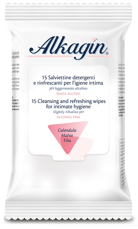 ALKAGIN SALVIETTINE DETERGENTI E RINFRESCANTI PER L'IGIENE INTIMA PH LEGGERMENTE ALCALINO SENZA ALCOOL 15 PEZZI CALENDULA MALVA E TILIA - Fontenova srl