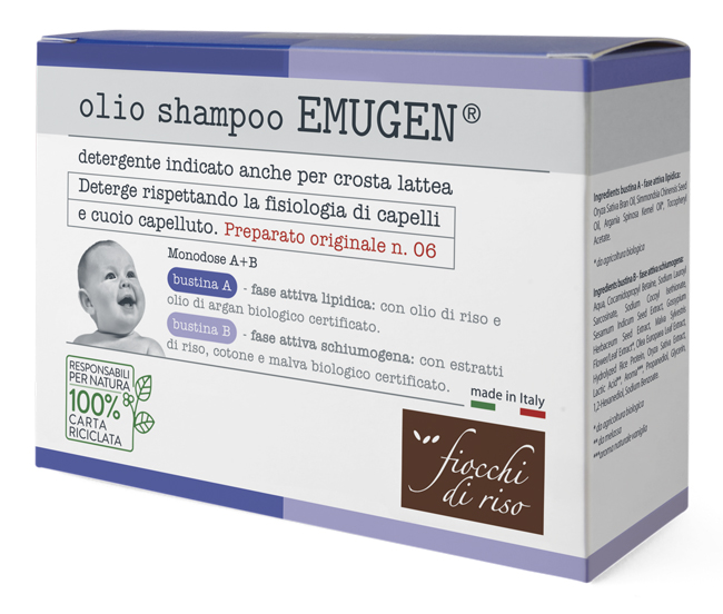 FIOCCHI DI RISO EMUGEN OLIO SHAMPOO ULTRADELICATO 10 BUSTINE DA 1,5 ML + 10 BUSTINE DA 3 ML - Fontenova srl