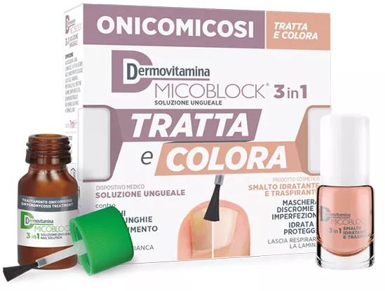 DERMOVITAMINA MICOBLOCK 3 IN 1 TRATTA E COLORA SOLUZIONE UNGUEALE 7 ML + SMALTO IDRATANTE TRASPIRANTE 5 ML - Fontenova srl