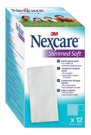 GARZA COMPRESSA STERILE NEXCARE STERIMED SOFT 18X40 CM MUL TILINGUAL 12 PEZZI - Fontenova srl