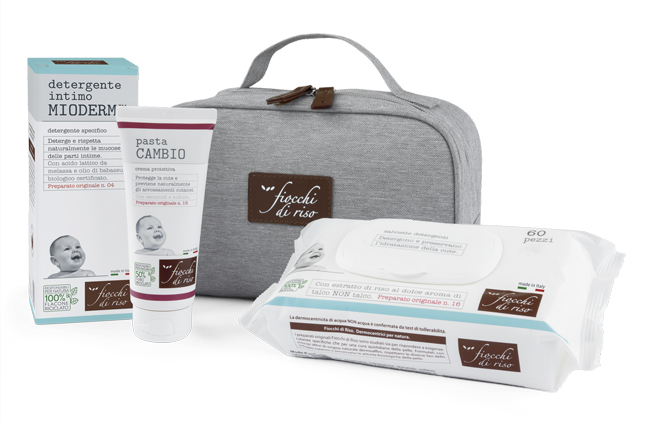 FIOCCHI DI RISO COFANETTO CAMBIO PANNOLINO 1 DETERGENTE INTIMO MIODERM 240 ML + 1 PASTA CAMBIO 100 ML + SALVIETTE ACQUA NON ACQUA 60 PEZZI + BEAUTY - Fontenova srl