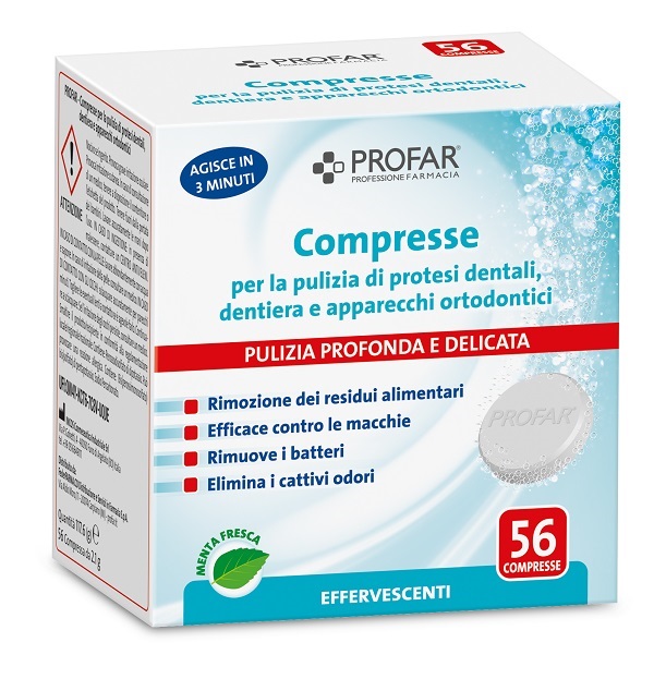 PROFAR COMPRESSE PULIZIA PROTESI DENTALI-DENTIERA-APPARECCHI ORTODONTICI 56 PEZZI - Fontenova srl