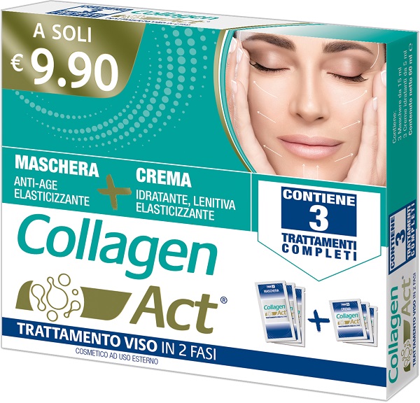 COLLAGEN ACT TRATTAMENTO VISO 2 FASI MASCHERA ANTI AGE ELASTICIZZANTE 3 PEZZI DA 15 ML + CREMA IDRATANTE LENITIVA ELASTICIZZANTE 3 PEZZI DA 5 ML - Fontenova srl
