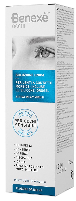 SOLUZIONE UNICA BENEXE' OCCHI PULIZIA LENTI A CONTATTO 500 ML + PORTALENTI IN OMAGGIO - Fontenova srl